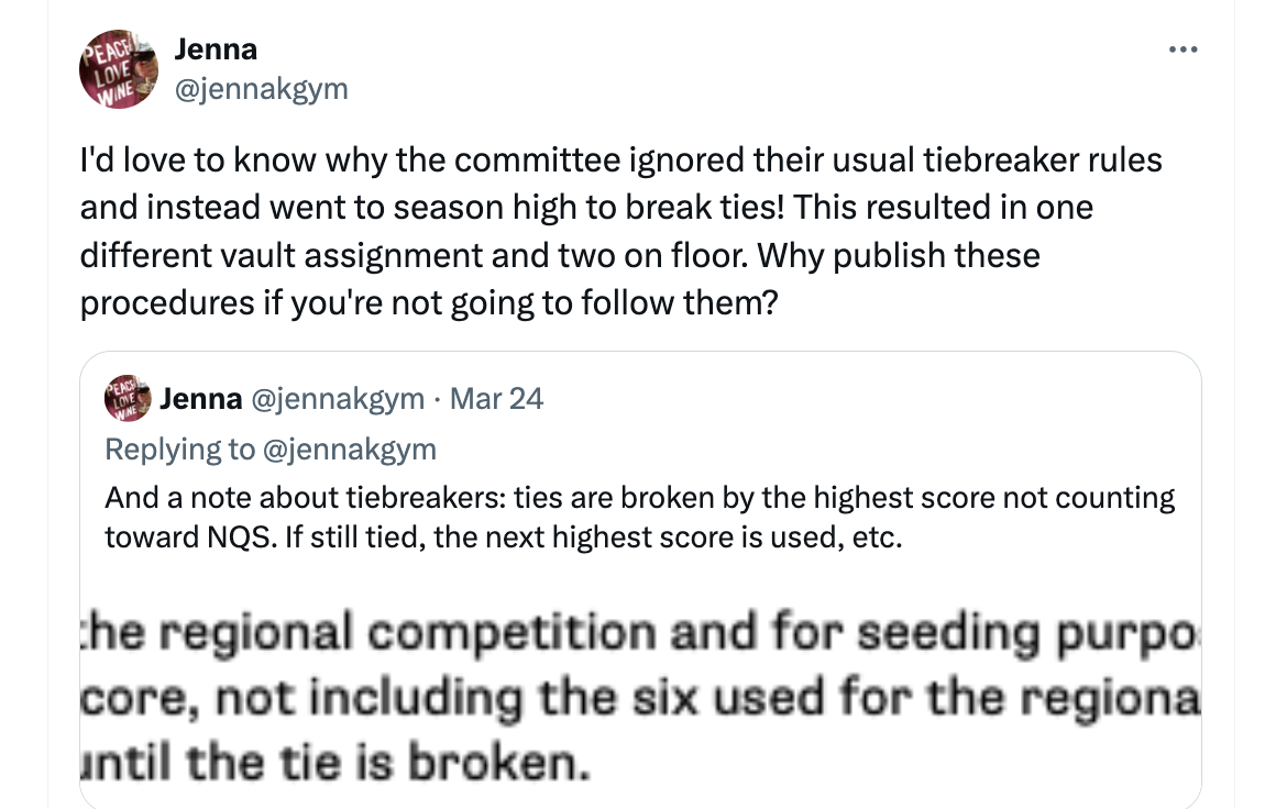 A tweet by Jenna King about NCAA regionals. It reads: "I'd love to know why the [NCAA selection] committee ignored their usual tiebreaker rules and instead went to season high to break ties! This resulted in one different vault assignment and two on floor. Why publish these procedures if you're not going to follow them?"